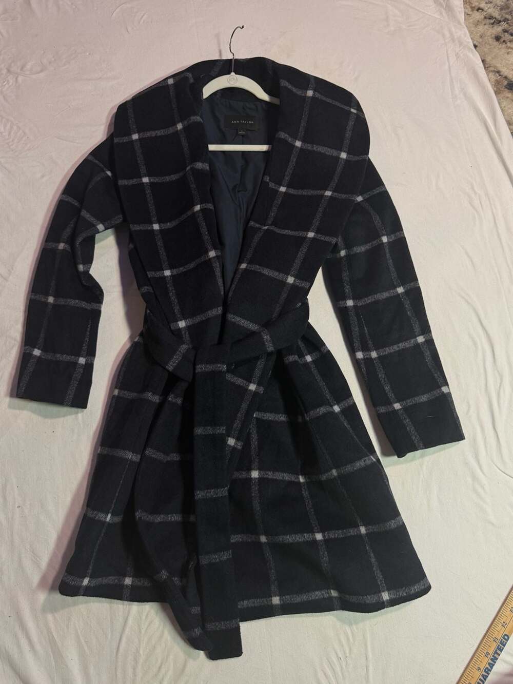 Ann Taylor Plaid Wool Blend Belted Wrap Coat with Shawl Collar